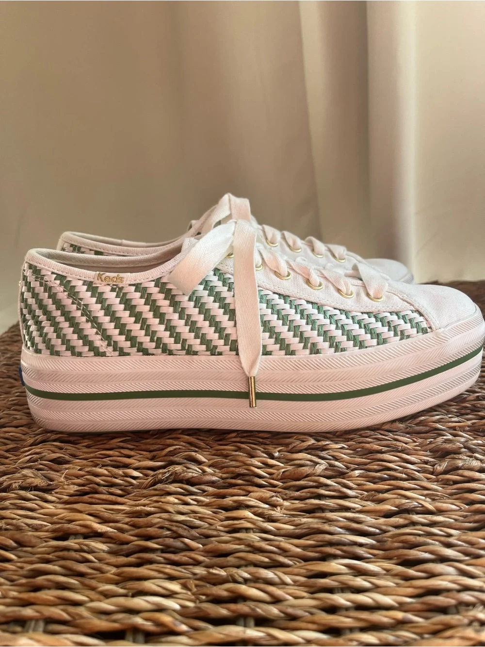 kate spade x Keds White and Green Woven Platform Sneakers